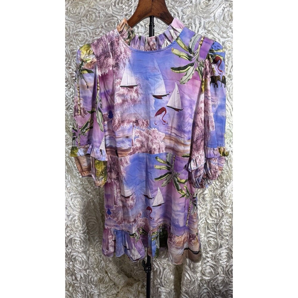 Cynthia Rowley Catalina Silk Mini Ruffle Dress Seascape Pink Purple Size M Fit